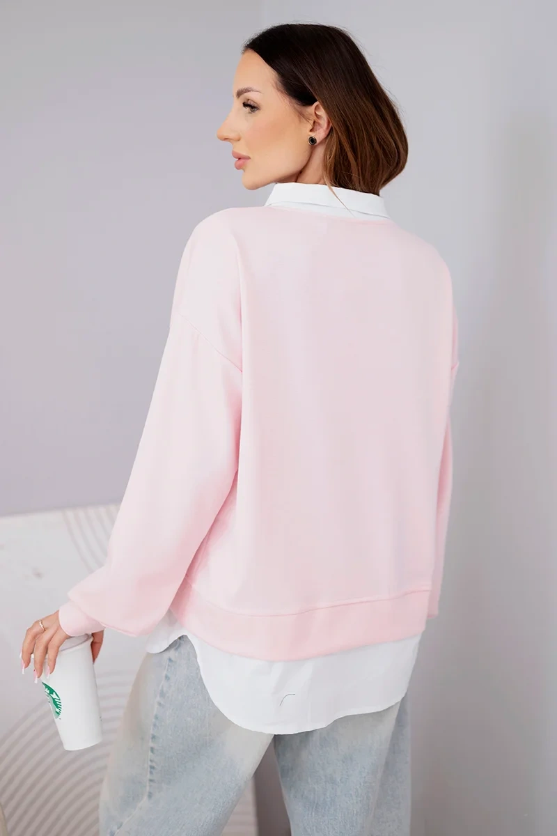 Bluza damska masełkowa z wiskozy i z koszulową wstawką jasno różowa - obrazek 3