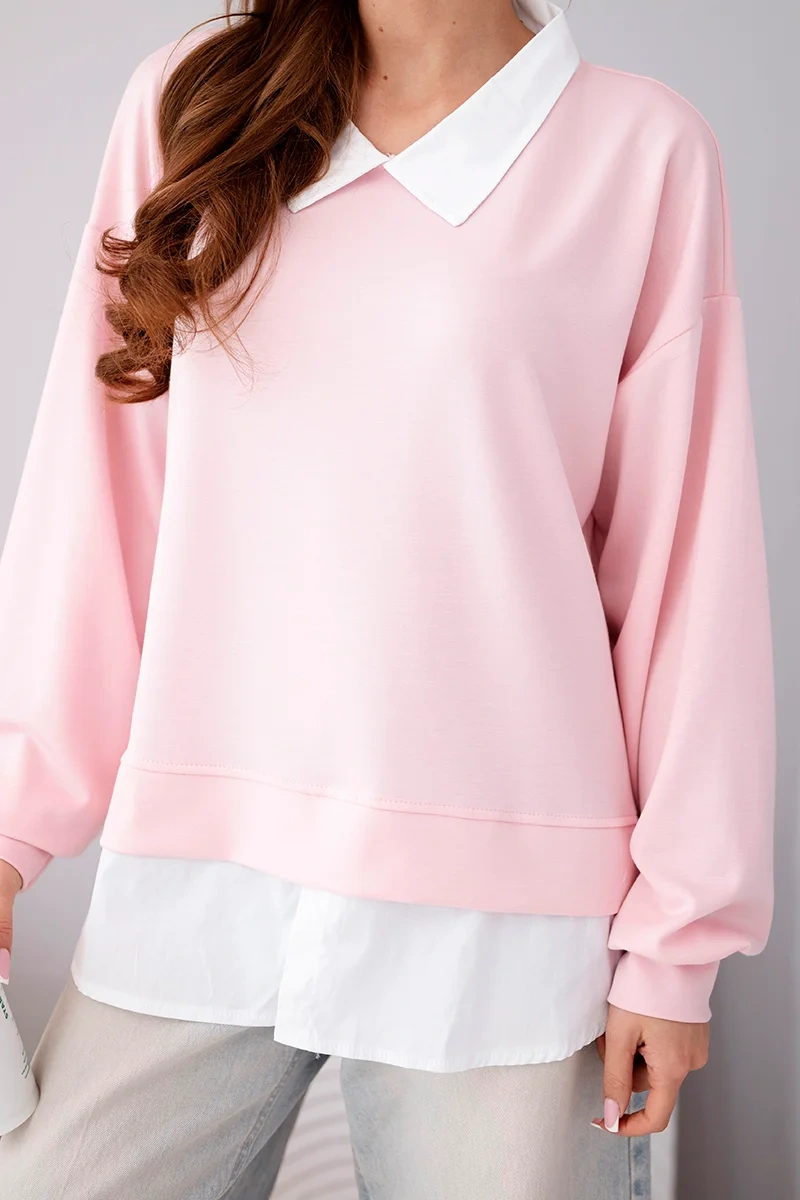 Bluza damska masełkowa z wiskozy i z koszulową wstawką jasno różowa - obrazek 4