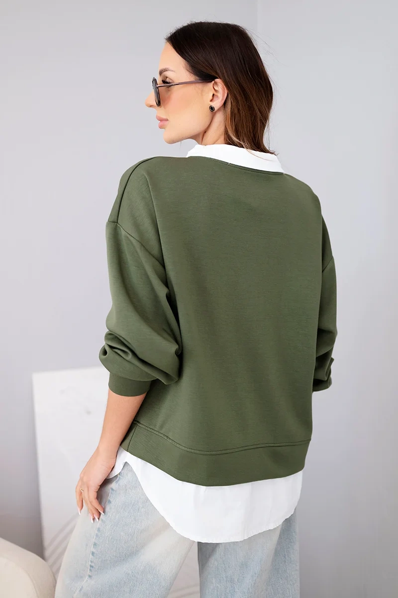 Bluza damska masełkowa z wiskozy i z koszulową wstawką khaki - obrazek 3