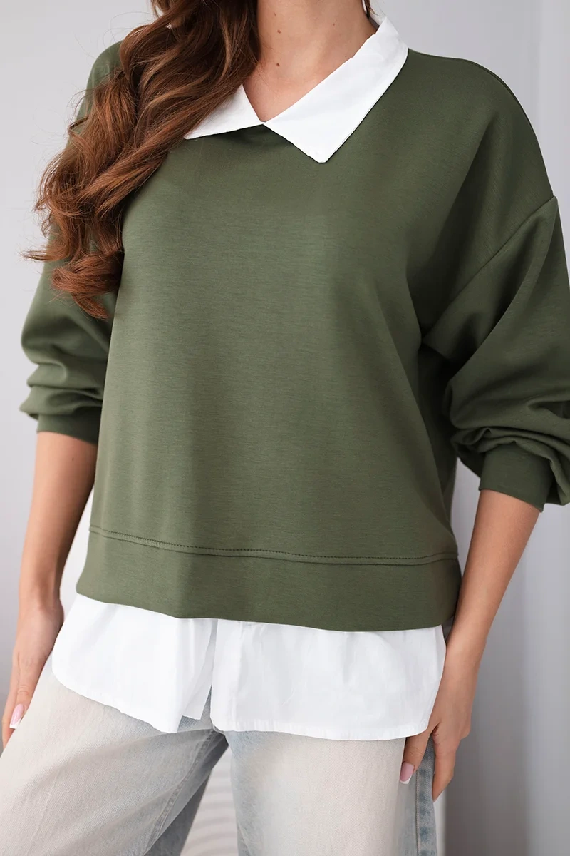 Bluza damska masełkowa z wiskozy i z koszulową wstawką khaki - obrazek 4