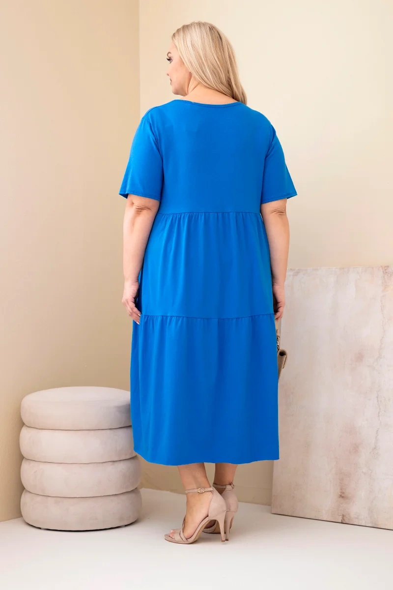 Sukienka damska bawełniana Plus Size z krótkim rękawem i falbaną chabrowa - obrazek 3