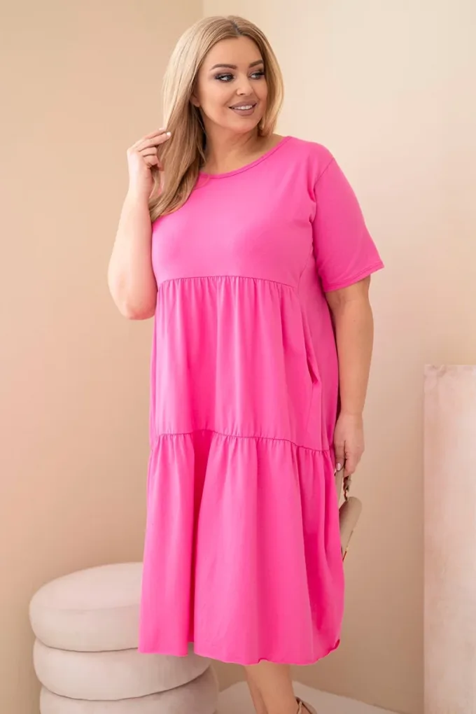 Sukienka damska bawełniana Plus Size z krótkim rękawem i falbaną różowa