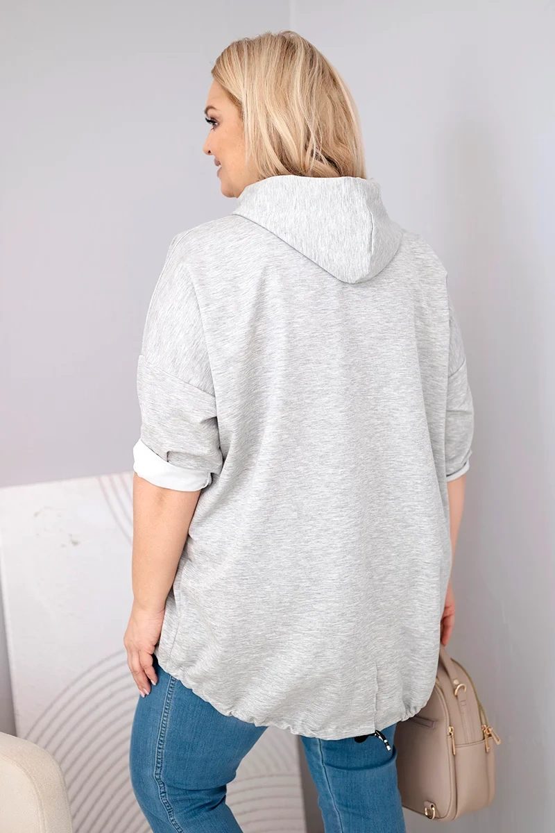 Bluza damska Plus Size wiskozowa z kapturem i kieszenią kangurką szary melanż - obrazek 3