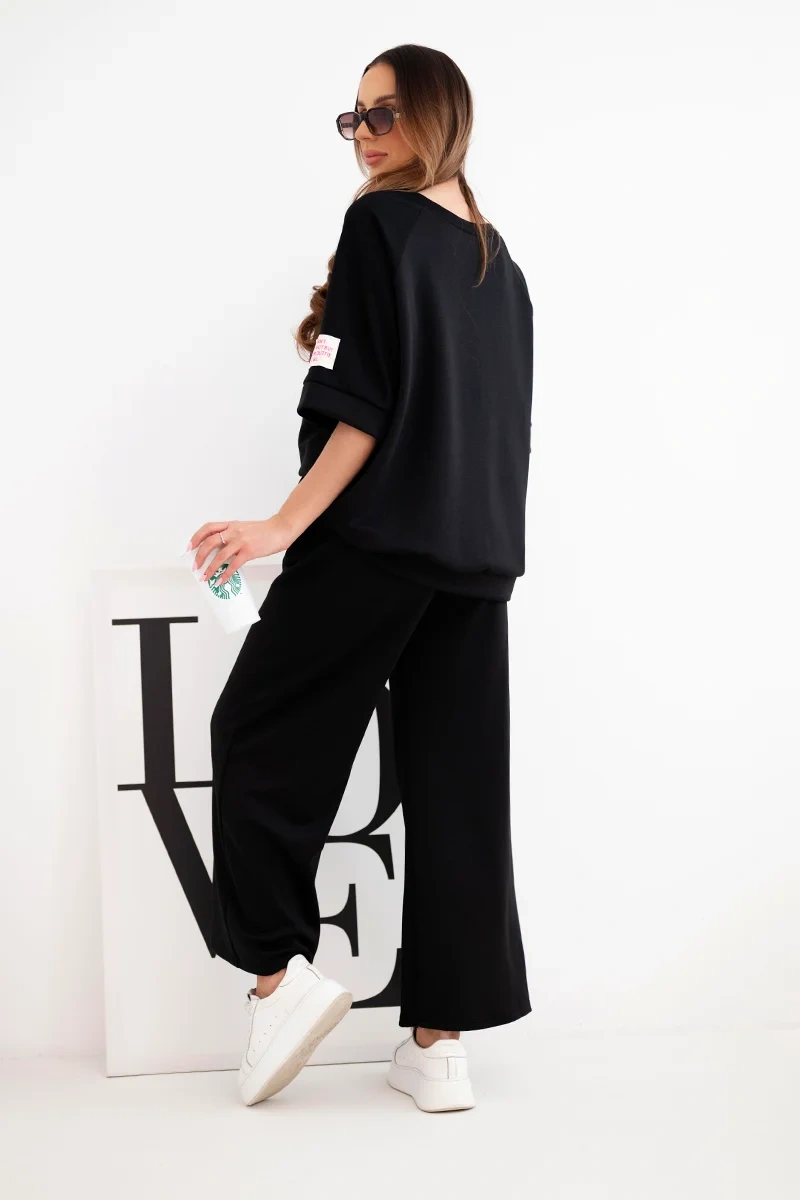 Komplet damski masełkowy z wiskozy bluza i szerokie spodnie czarny - obrazek 3