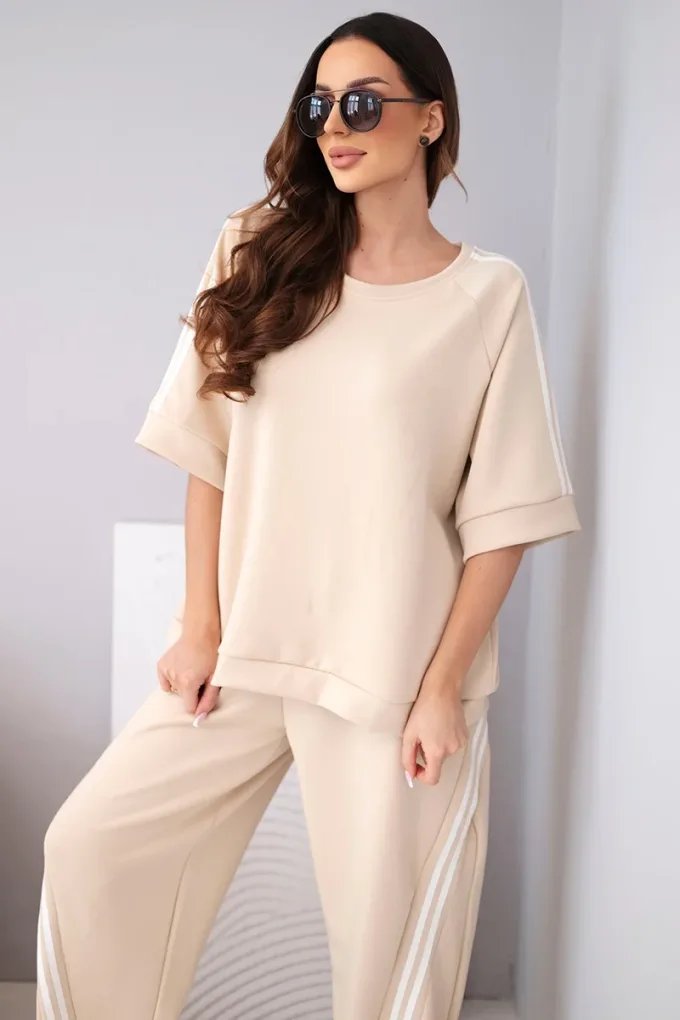 Komplet damski masełkowy z wiskozy bluza i spodnie z lampasami beżowy