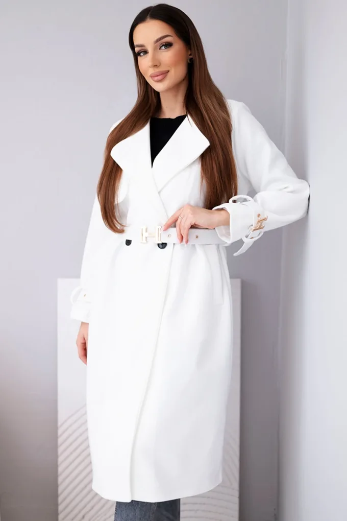 Płaszcz damski z paskiem i złotymi klamrami ecru