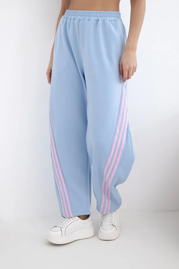 Spodnie damskie masełkowe z wiskozy z lampasem niebieskie