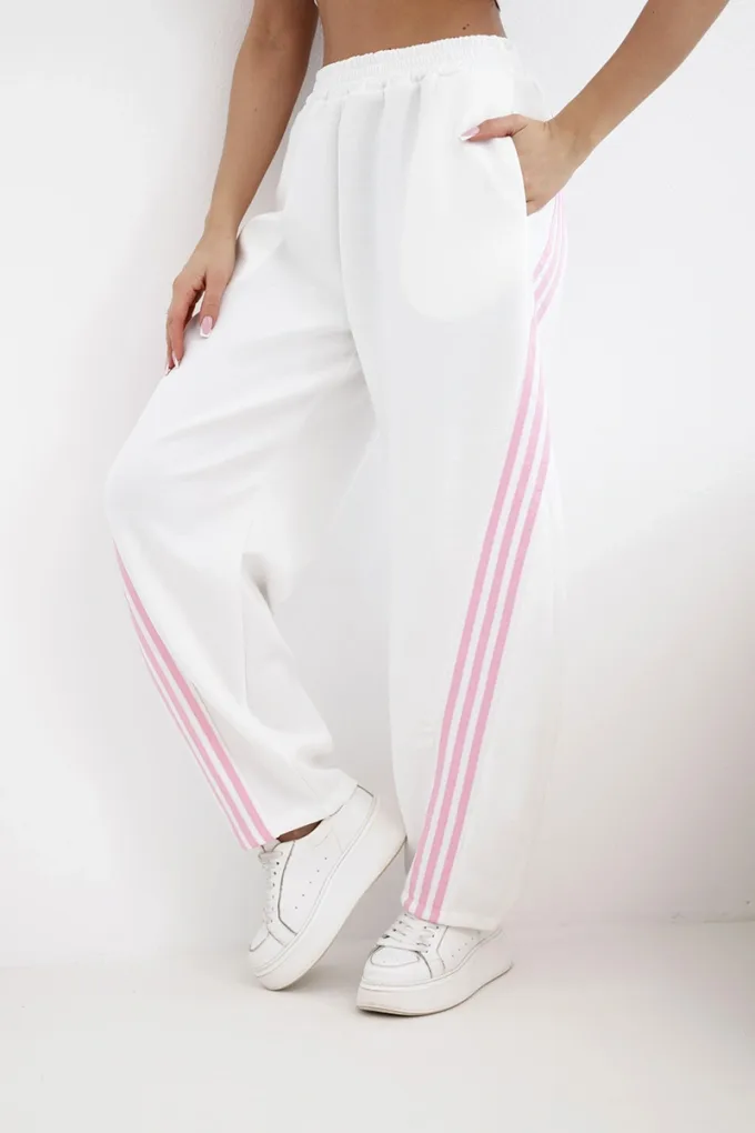 Spodnie damskie masełkowe z wiskozy z lampasem białe