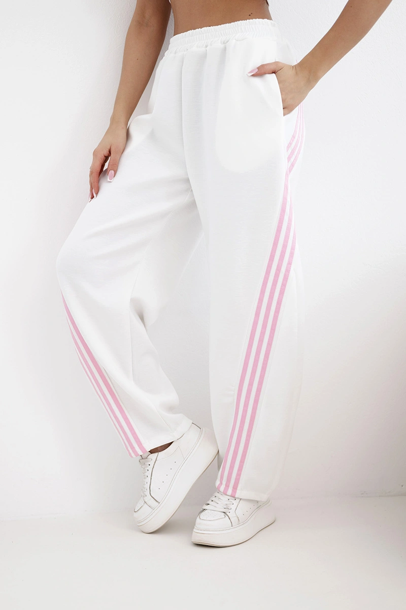 Spodnie damskie masełkowe z wiskozy z lampasem białe