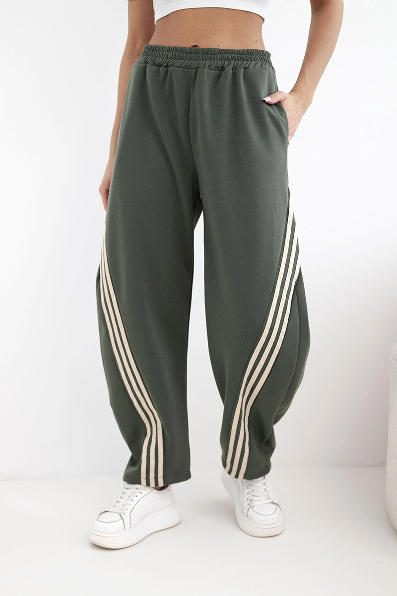 Spodnie damskie masełkowe z wiskozy z lampasem khaki