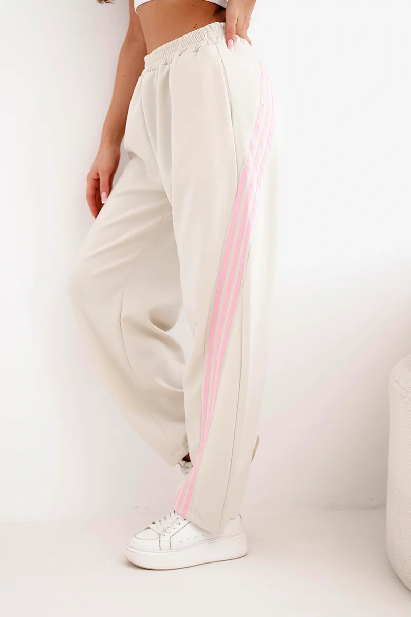 Spodnie damskie masełkowe z wiskozy z lampasem beżowe