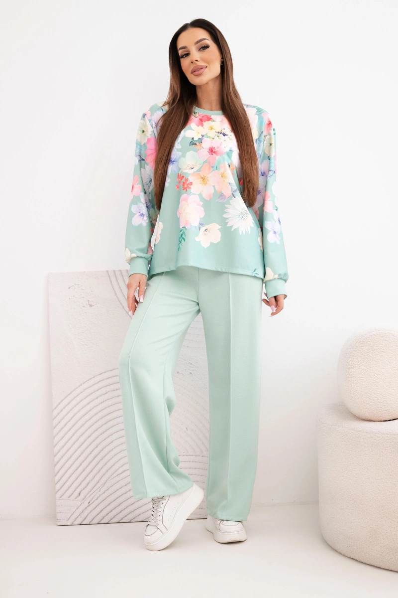 Komplet damski masełkowy wiskozowy w kwiaty z szeroką nogawką ciemno miętowy