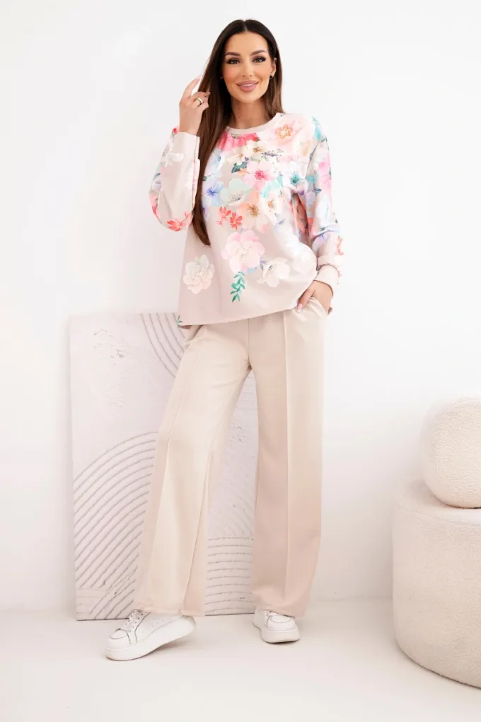 Komplet damski masełkowy wiskozowy w kwiaty z szeroką nogawką beżowy
