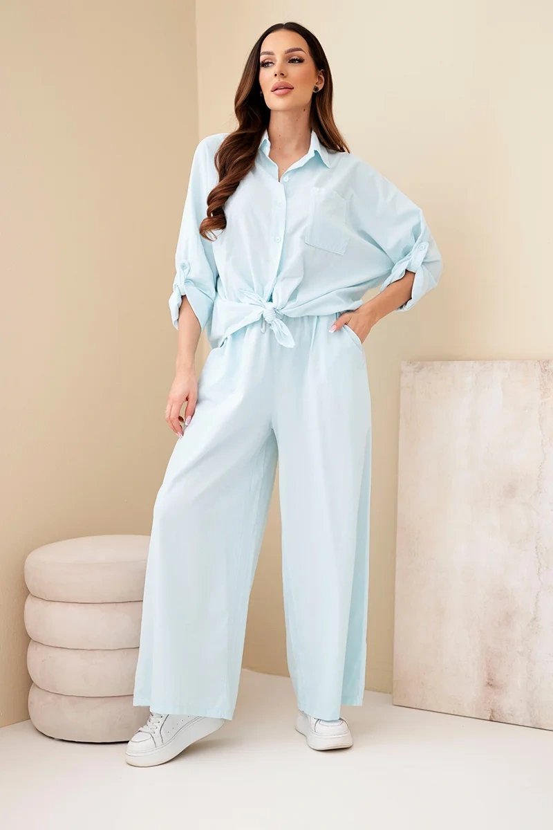 Komplet damski sztruksowy z wiązaną koszulą i szerokimi nogawkami jasno miętowy - obrazek 2