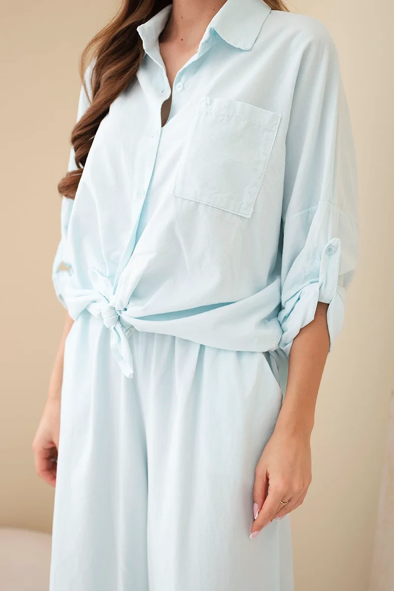 Komplet damski sztruksowy z wiązaną koszulą i szerokimi nogawkami jasno miętowy - obrazek 4