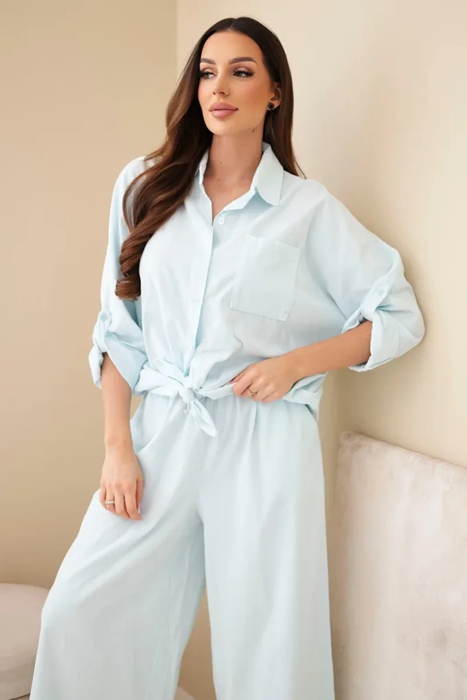 Komplet damski sztruksowy z wiązaną koszulą i szerokimi nogawkami jasno miętowy
