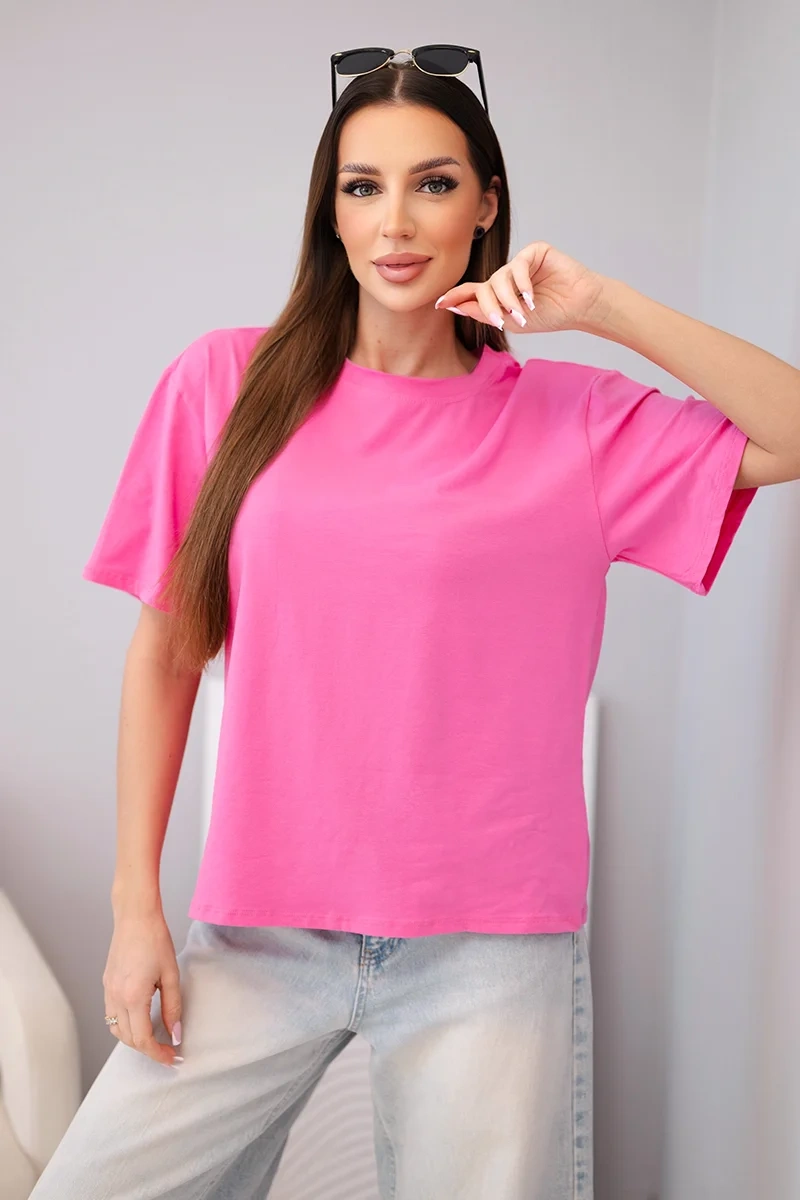 Bluzka damska bawełniana basic z krótkim rękawem różowa