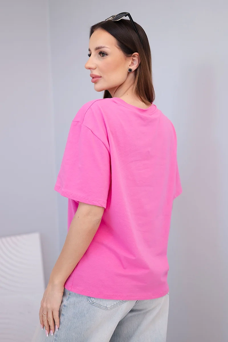 Bluzka damska bawełniana basic z krótkim rękawem różowa - obrazek 3