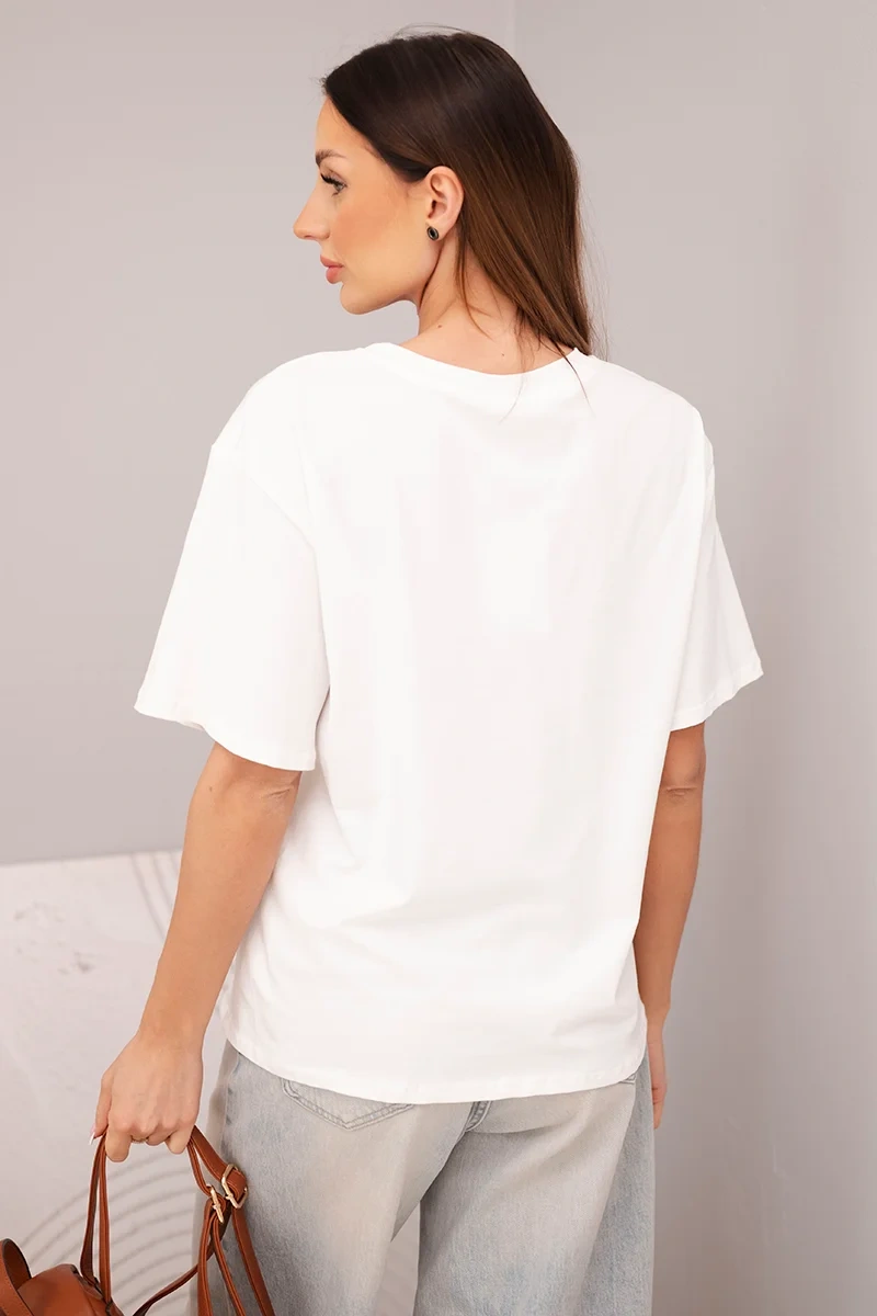Bluzka damska bawełniana basic z krótkim rękawem biała - obrazek 3