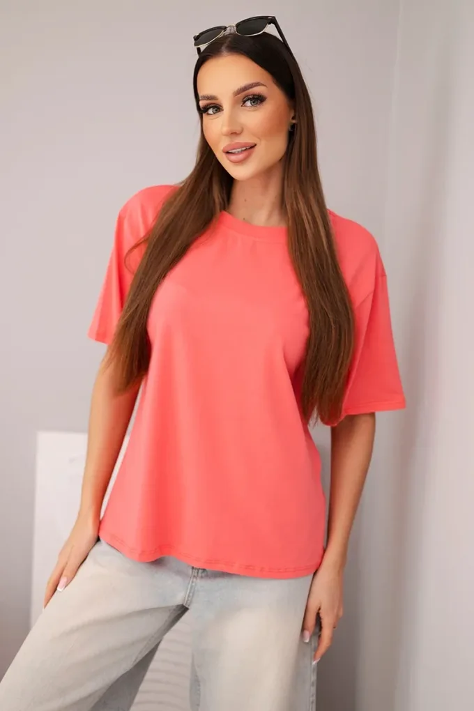 Bluzka damska bawełniana basic z krótkim rękawem malinowa