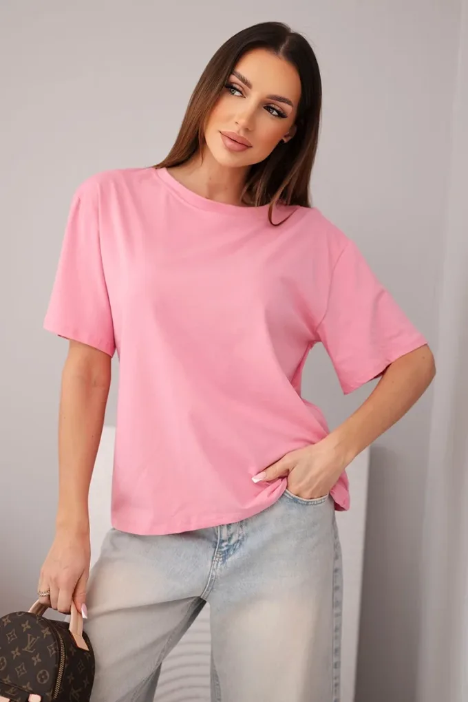Bluzka damska bawełniana basic z krótkim rękawem jasno różowa