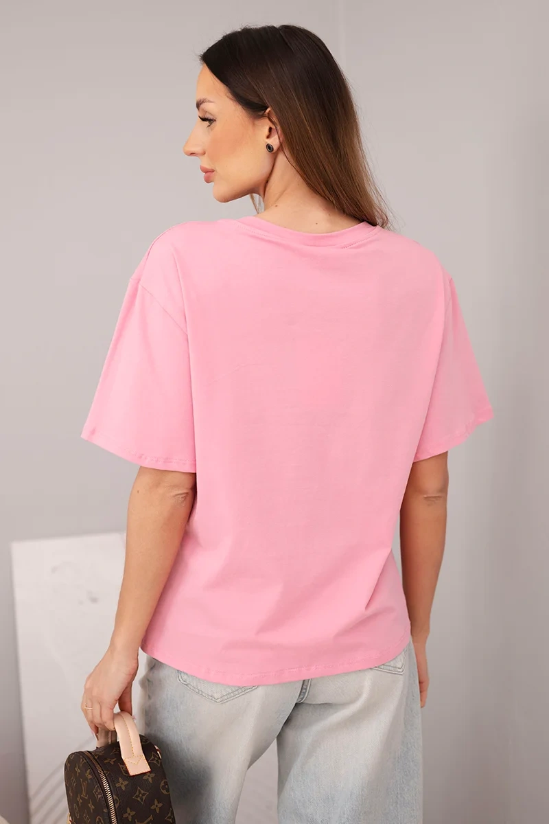 Bluzka damska bawełniana basic z krótkim rękawem jasno różowa - obrazek 3