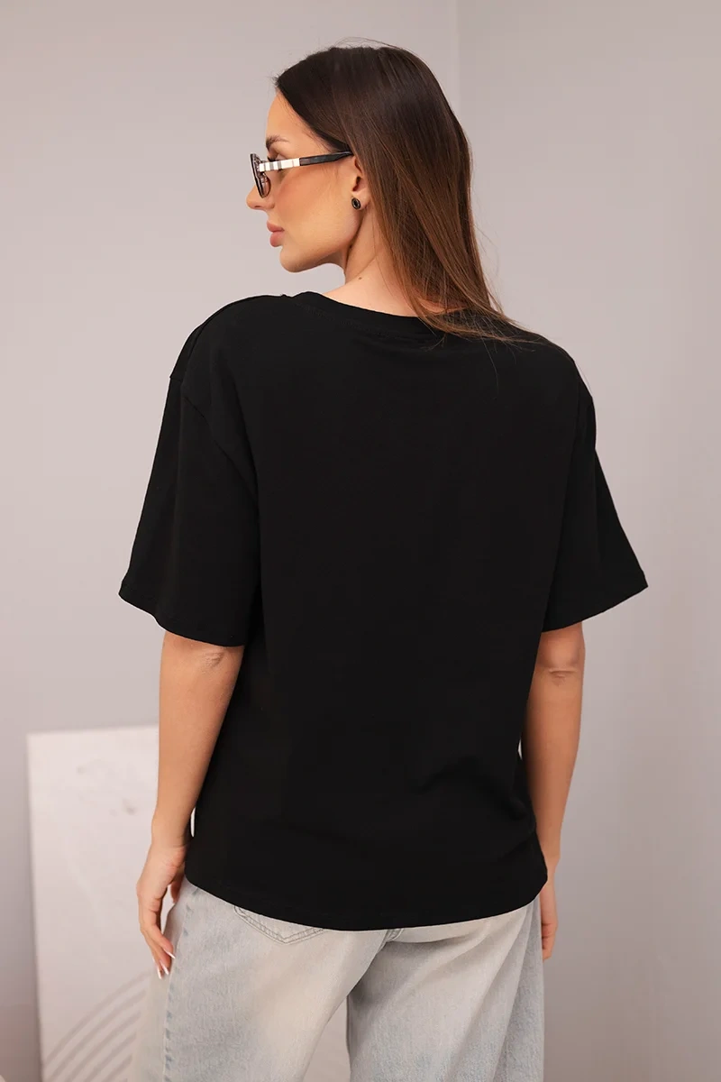Bluzka damska bawełniana basic z krótkim rękawem czarna - obrazek 3