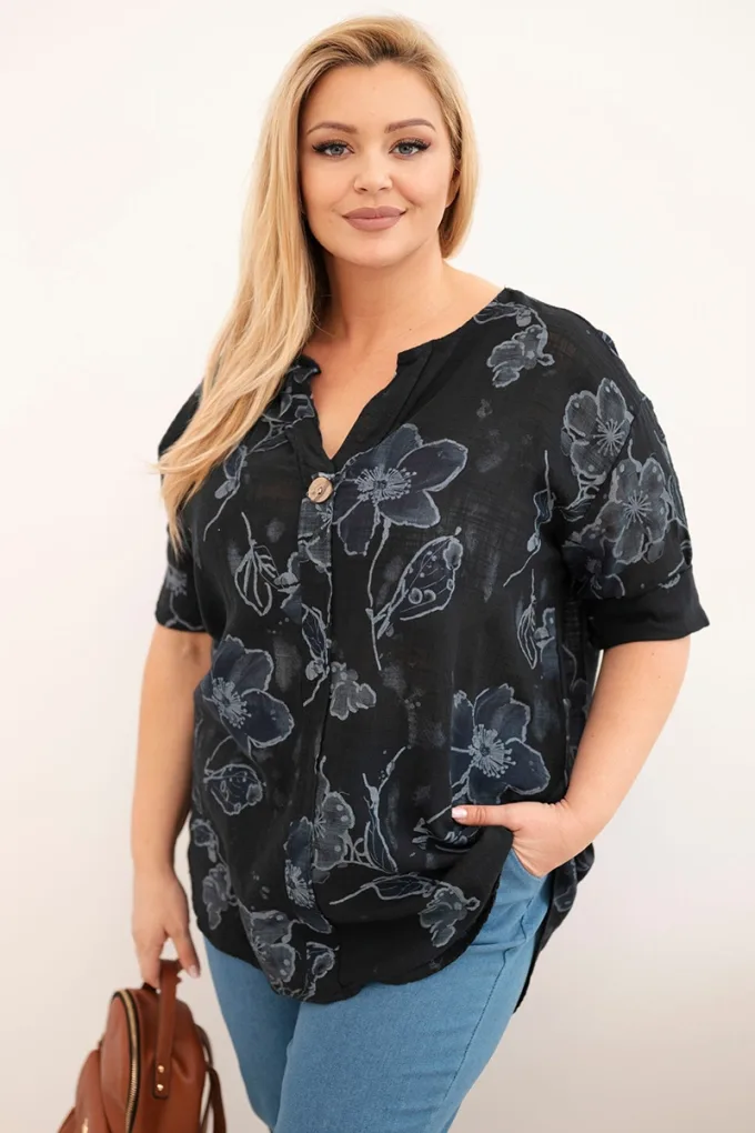 Bluzka damska bawełniana Plus Size w kwiatowy wzór czarna