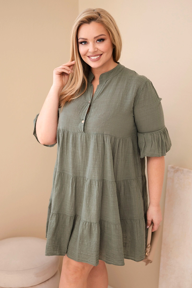 Sukienka damska bawełniana Plus Size z falbanami khaki