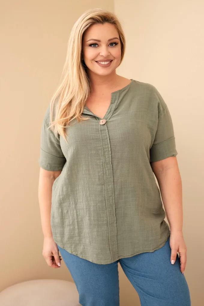 Bluzka damska bawełniana Plus Size z dekoltem na guziki khaki