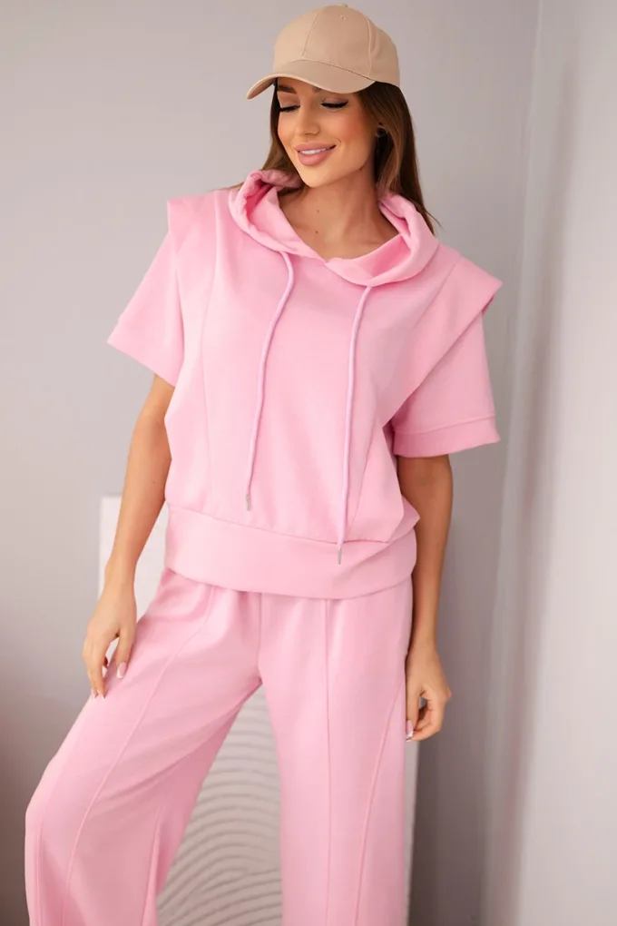 Komplet damski masełkowy bluza z kapturem i luźne spodnie z wiązaniem cukierkowy róż