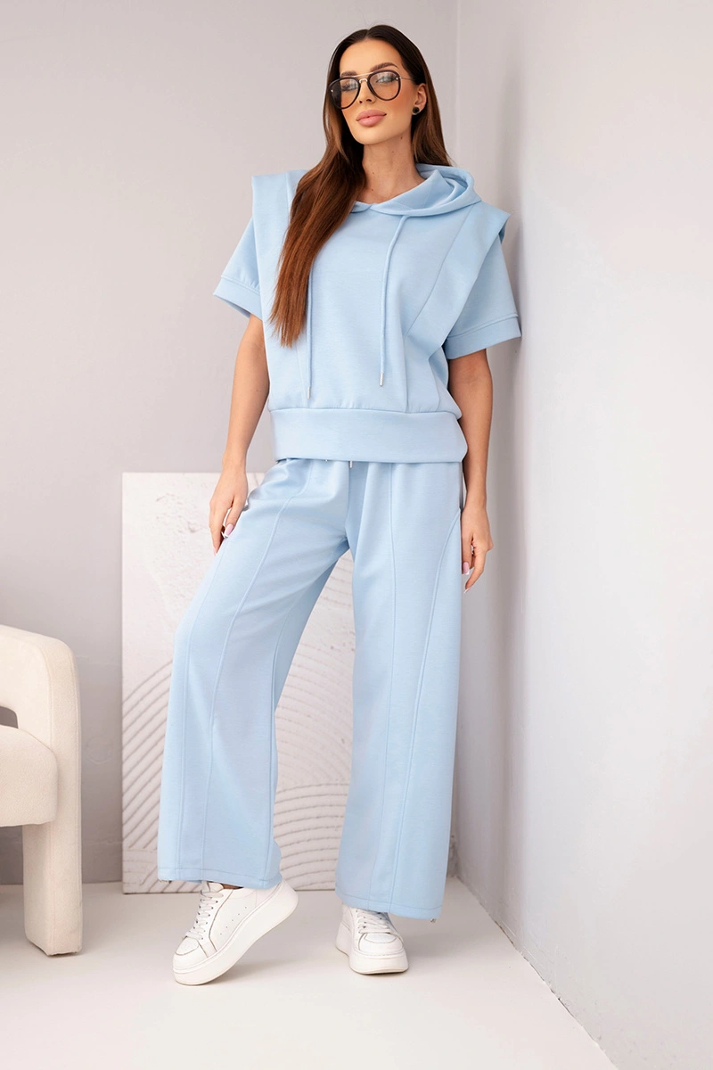 Komplet damski masełkowy bluza z kapturem i luźne spodnie z wiązaniem niebieski