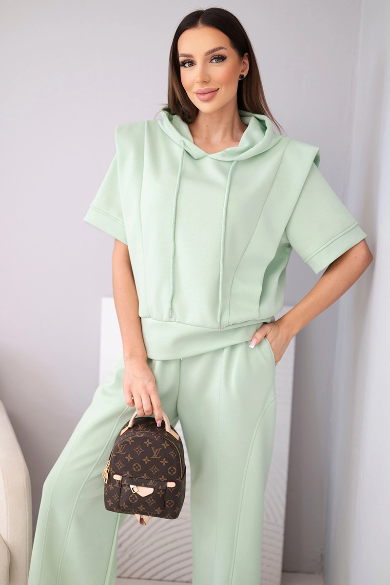 Komplet damski masełkowy bluza z kapturem i luźne spodnie z wiązaniem ciemny miętowy