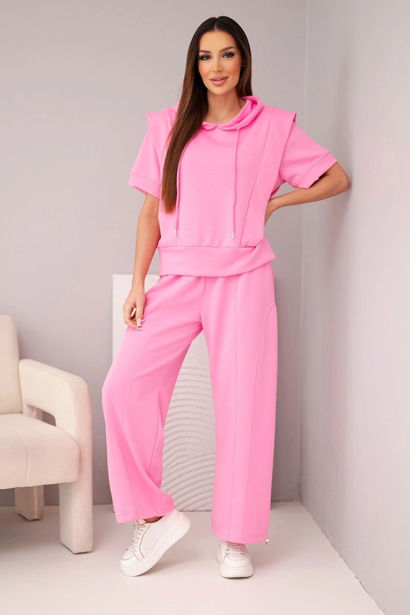 Komplet damski masełkowy bluza z kapturem i luźne spodnie z wiązaniem jasny różowy