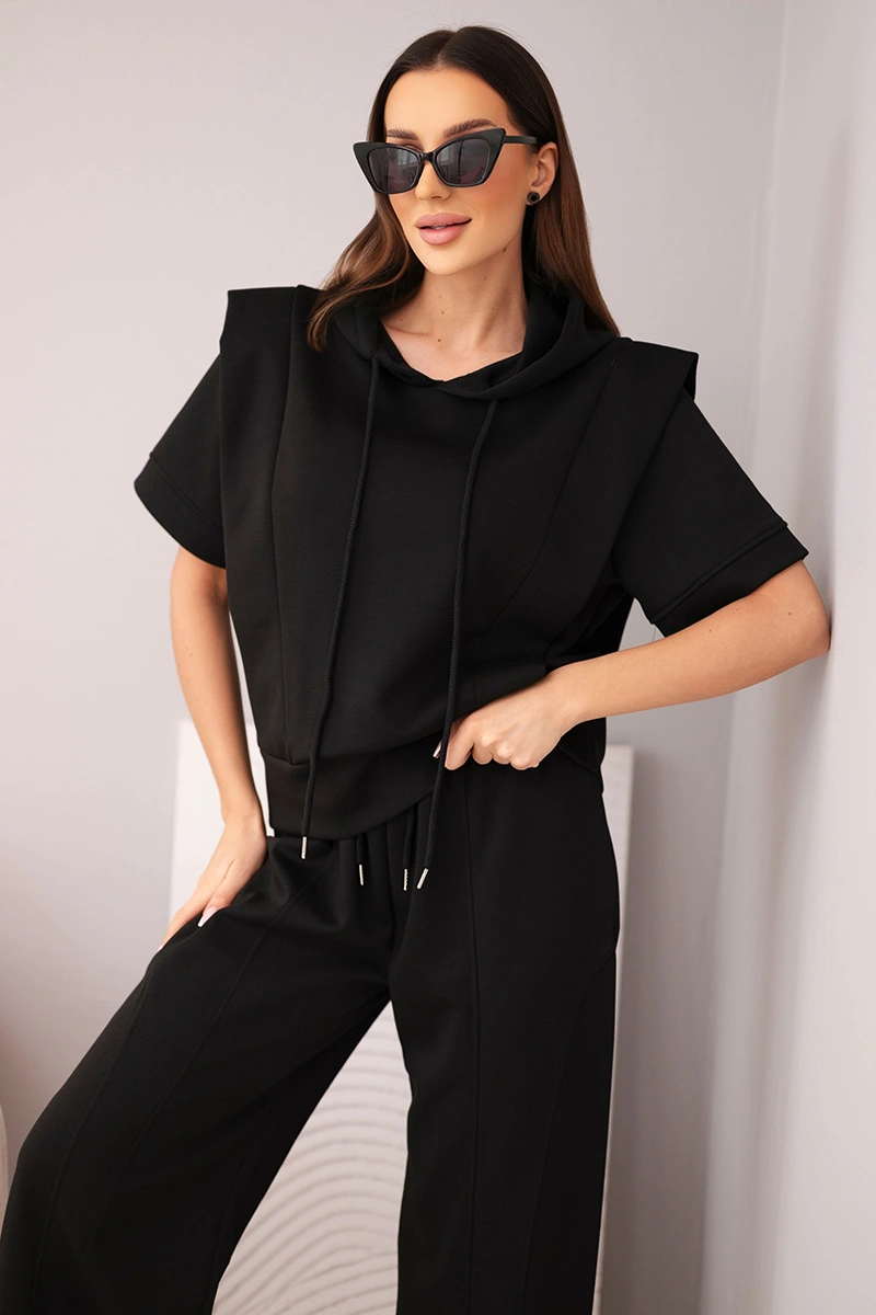 Komplet damski masełkowy bluza z kapturem i luźne spodnie z wiązaniem czarny