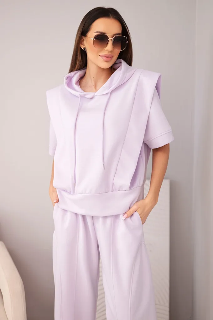 Komplet damski masełkowy bluza z kapturem i luźne spodnie z wiązaniem jasny fioletowy