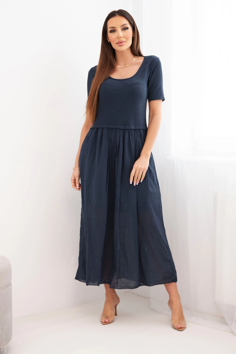 Sukienka damska bawełniana midi z krótkim rękawem i rozkloszowanym dołem granatowa