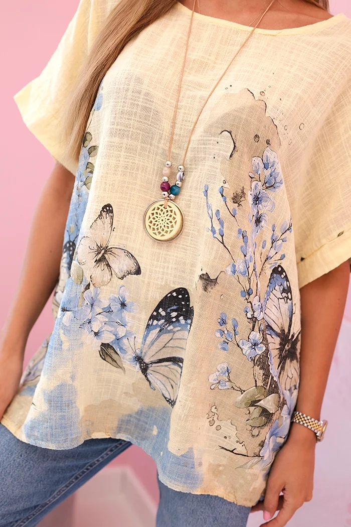 Koszula damska bawełniana w motyle i kwiaty żółta - obrazek 4