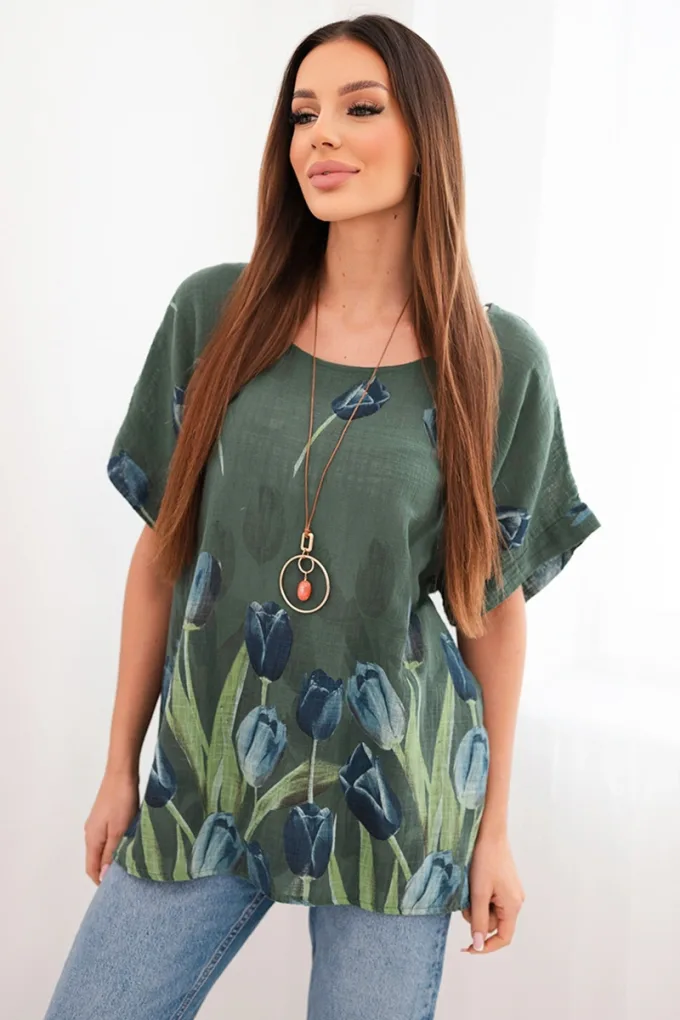 Koszula damska bawełniana z kwiatowym wzorem ciemne khaki