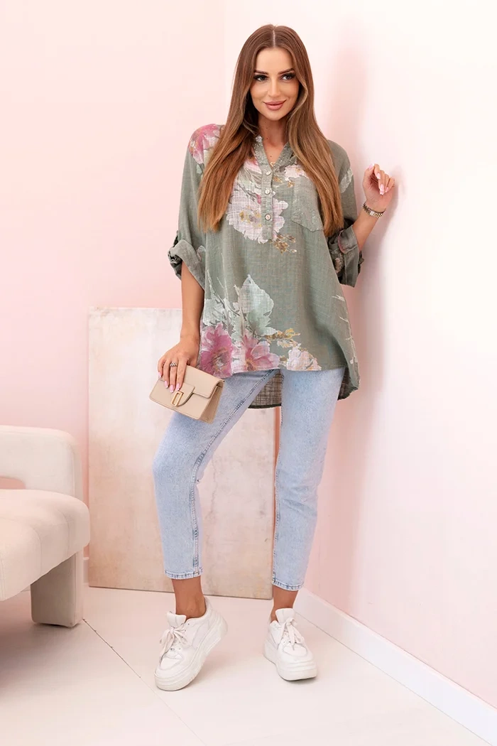 Bluzka damska z bawełny z kwiatowym wzorem i guzikami khaki - obrazek 7