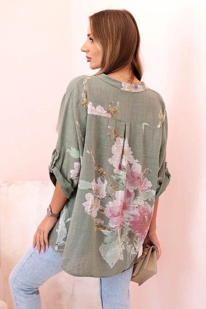 Bluzka damska z bawełny z kwiatowym wzorem i guzikami khaki - obrazek 6