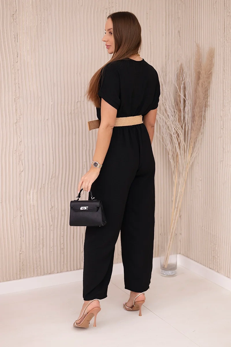 Kombinezon z ozdobnym paskiem w talii czarny - obrazek 3