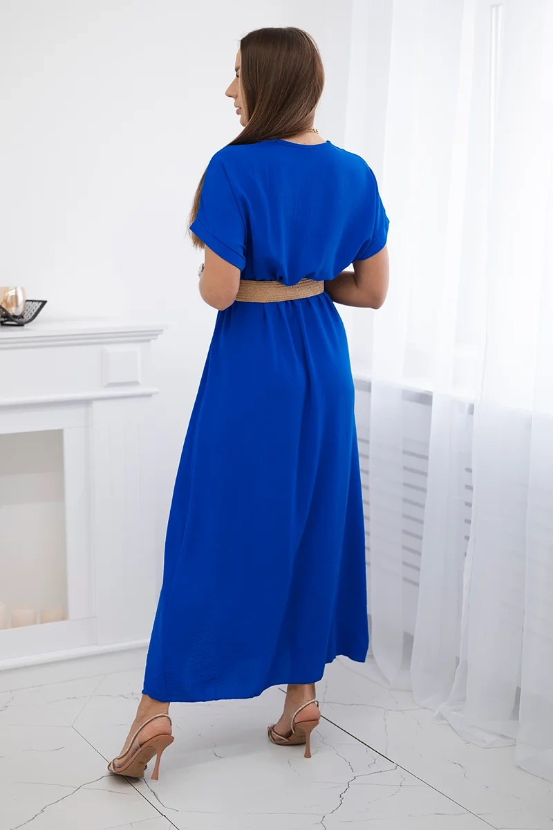 Sukienka długa z ozdobnym paskiem chabrowa - obrazek 2