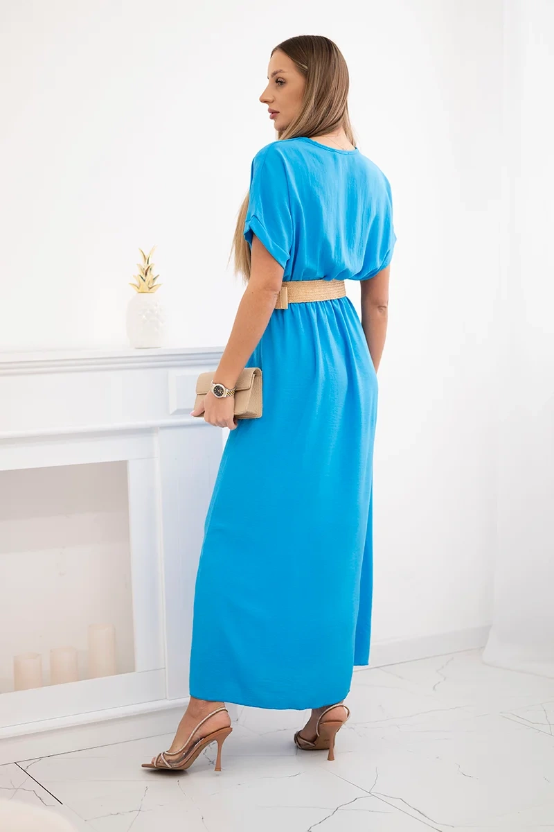 Sukienka długa z ozdobnym paskiem turkusowa - obrazek 3