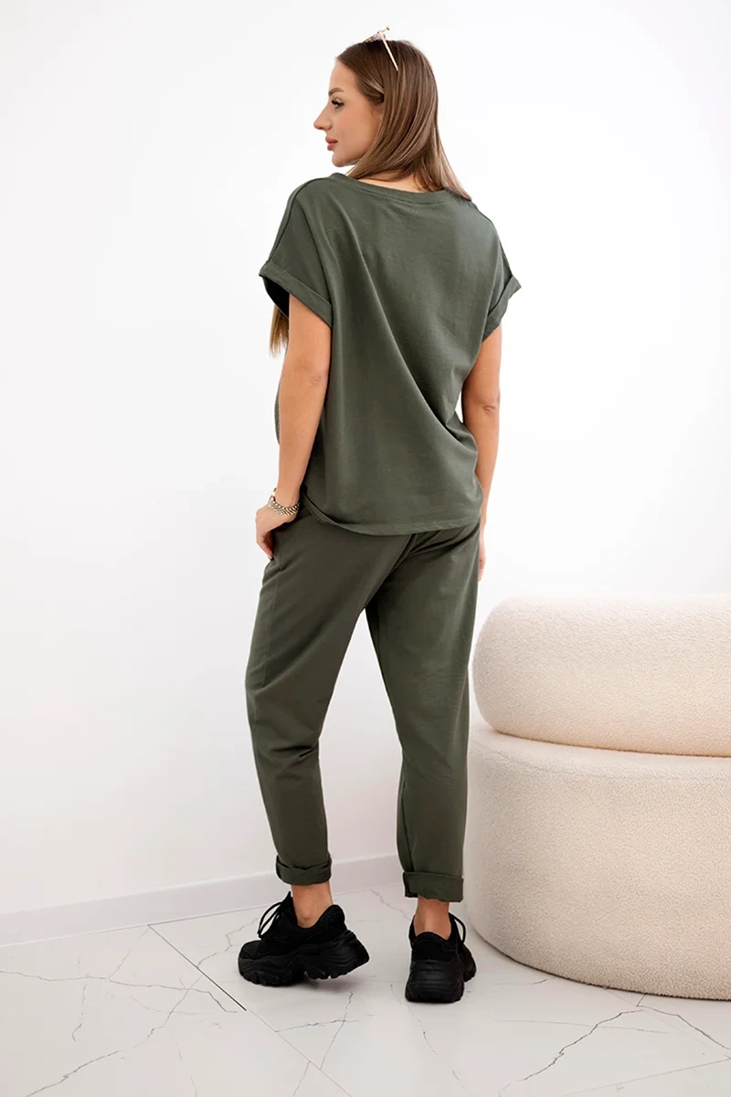 Komplet bawełniany bluzka + spodnie khaki - obrazek 3