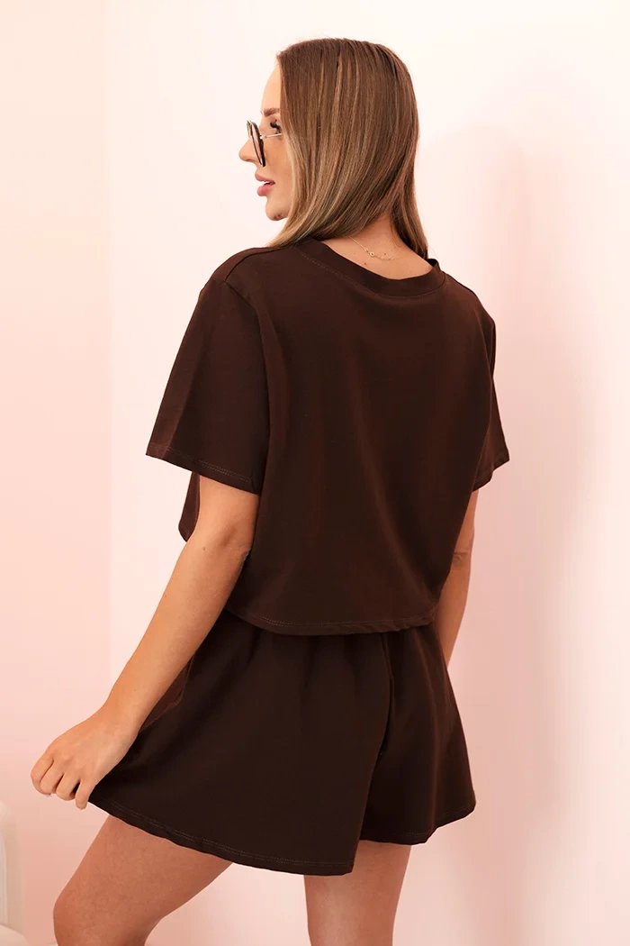 Komplet damski bawełniany z szerokimi szortami brązowy - obrazek 4