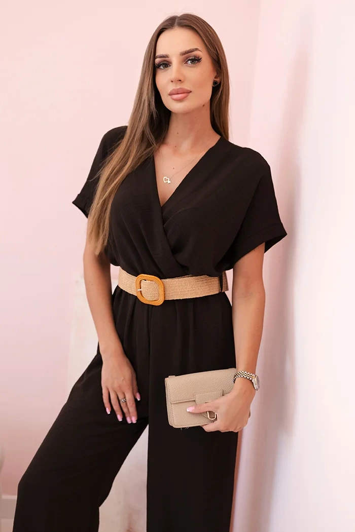 Kombinezon z ozdobnym paskiem w talii brązowy