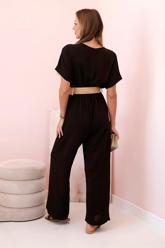 Kombinezon z ozdobnym paskiem w talii brązowy - obrazek 3