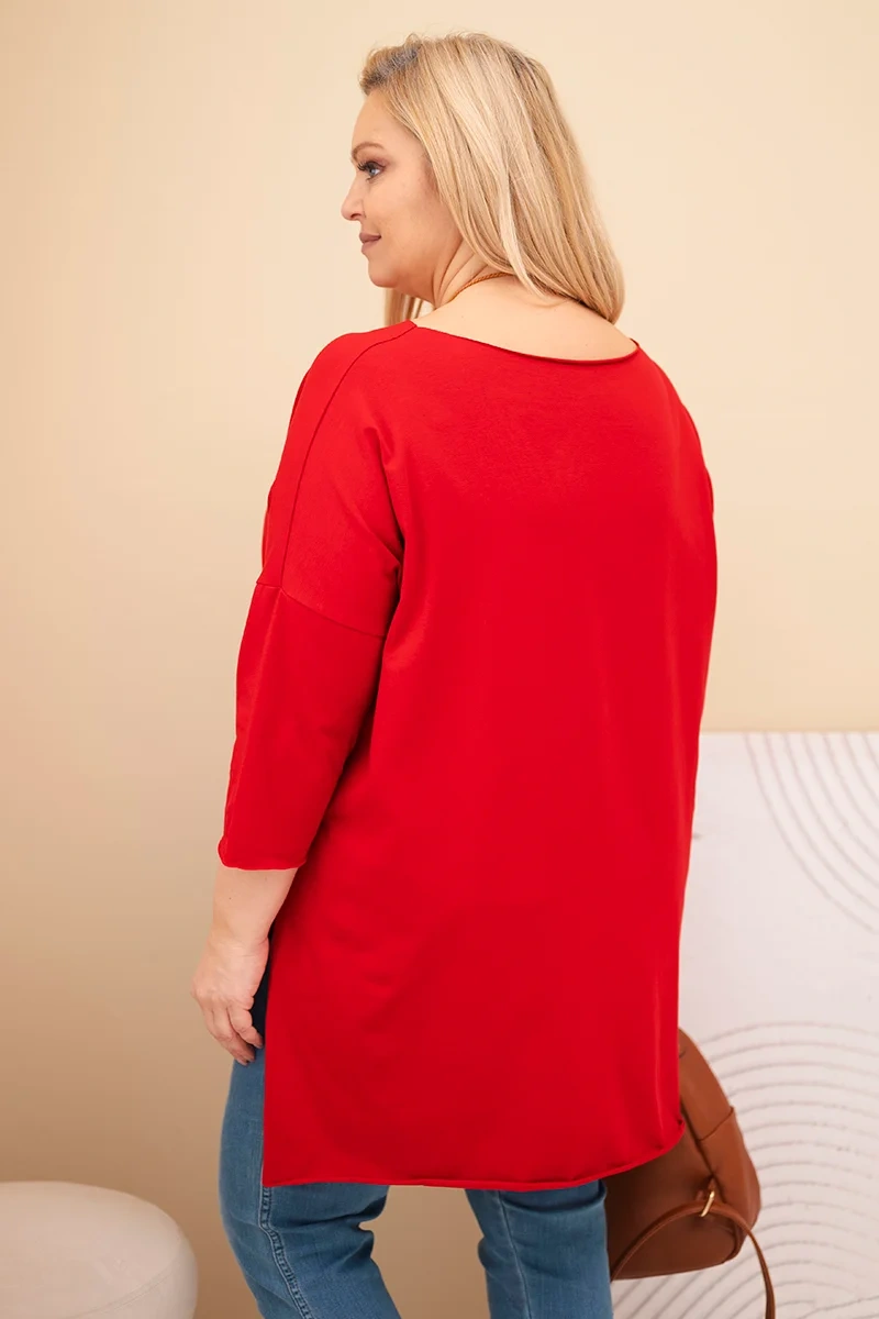 Bluzka damska bawełniana Plus Size asymetryczna z naszyjnikiem czerwona - obrazek 4