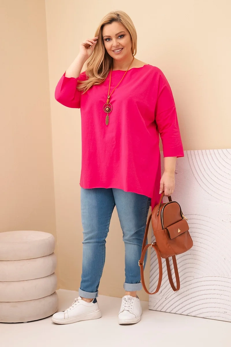 Bluzka damska bawełniana Plus Size asymetryczna z naszyjnikiem fuksja - obrazek 3